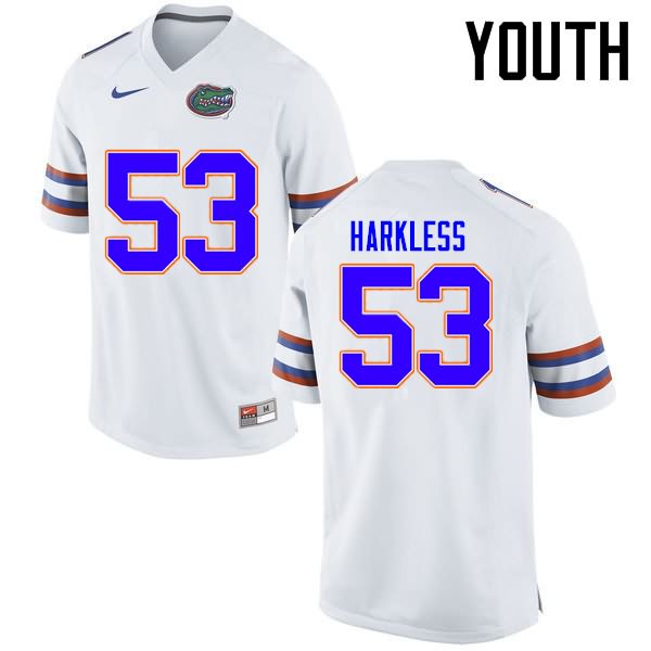 Youth NCAA Florida Gators Kavaris Harkless #53 Stitched Authentic Nike White College Football Jersey JKB3465XS